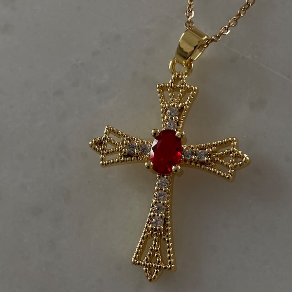 Modern vintage dainty red cross necklace, gold stainless steel vintage red cross necklace, gift for her