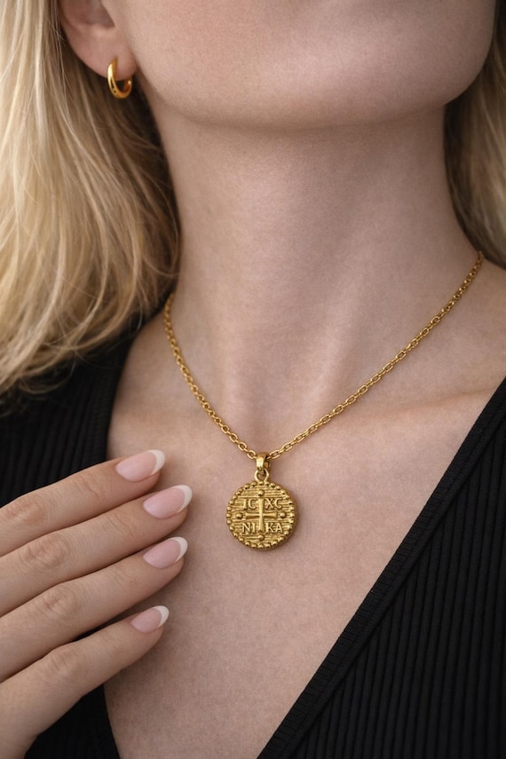 Double Face Gold Coin Necklace Stainless Steel | Reversible Cross