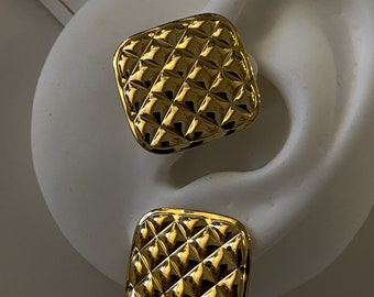 Pendientes de oro rectangulares gruesos de estilo vintage, pendientes de oro retro chic sin deslustre, clip en pendientes, regalo de dama de honor, regalo del día de San Valentín