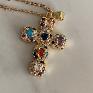 Colourful vintage style gold stainless steel cross, gold crystal multicolour waterproof cross necklace