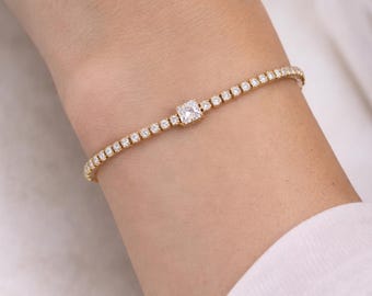 Gold Stainless Steel Tennis Bracelet | Crystal Bracelet with Square Center Stone | Elegant Adjustable Bracelet