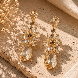 Gold Crystal Drop Earrings | Champagne Statement Earrings | Bridal Chandelier Earrings | Wedding Earrings | Elegant Crystal Jewelry | Gift f
