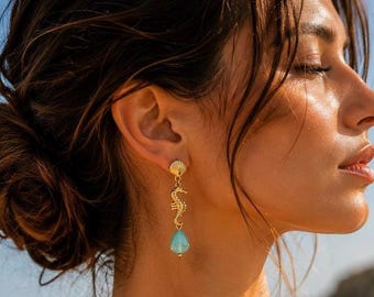 Gold Seahorse Earrings | Ocean-Inspired Drop Earrings with Green Gemstone | Nautical Summer Jewelry | Stainless Steel Studs