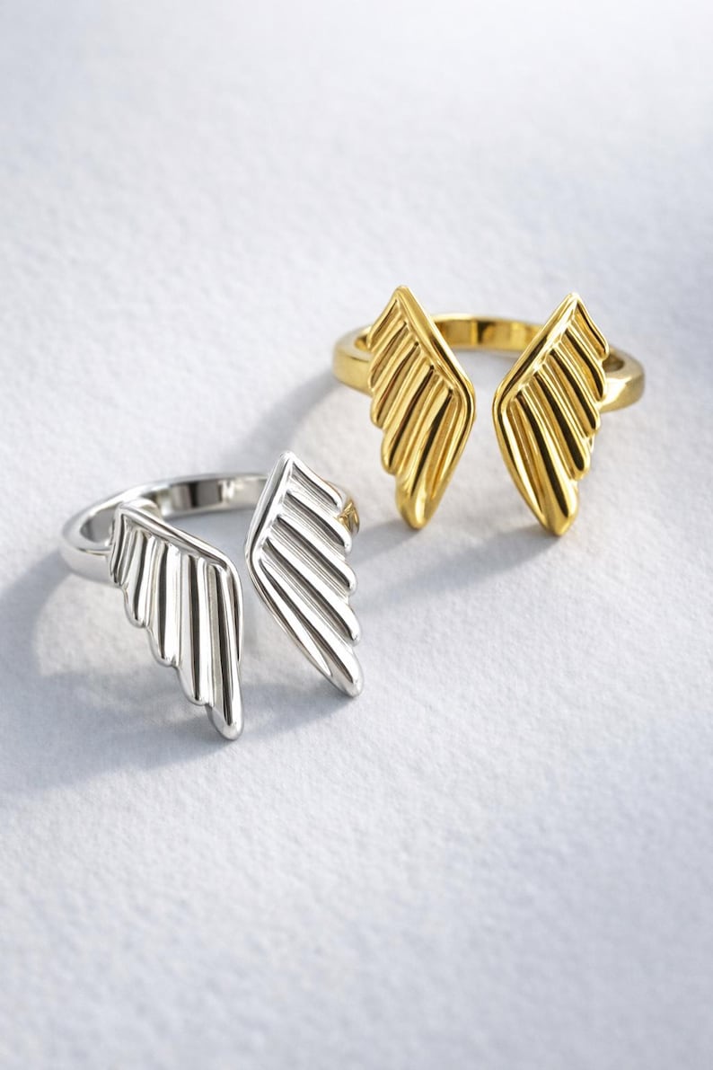 Anillo de alas de ángel dorado o plateado / Anillo de ángel llamativo / Anillo de alas de ángel ajustable / Joyería de ángel de la guarda / Acero inoxidable resistente al agua imagen 4