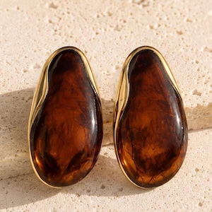 Può includere: Un paio di orecchini a forma di goccia con centri in resina traslucida marrone scuro, racchiusi in montature di metallo color oro lucido. Gli orecchini presentano una silhouette organica arrotondata con una finitura lucida.