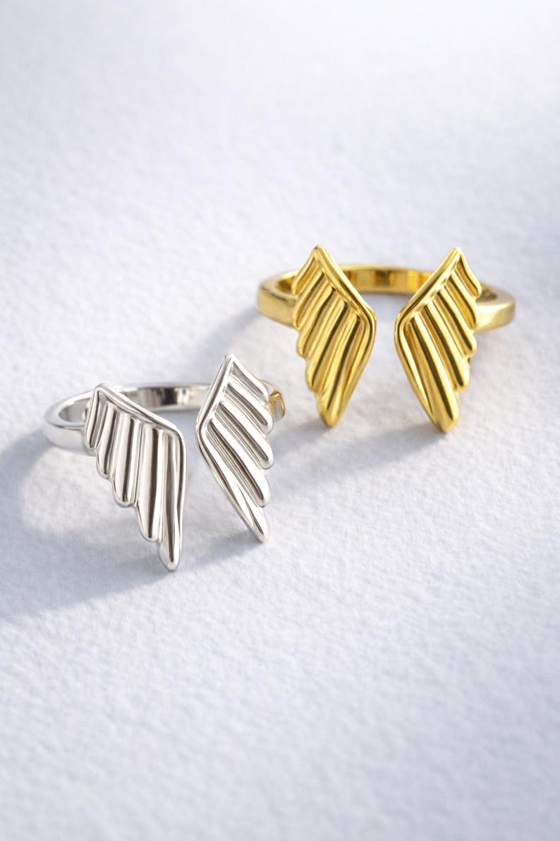 Anillo de alas de ángel dorado o plateado / Anillo de ángel llamativo / Anillo de alas de ángel ajustable / Joyería de ángel de la guarda / Acero inoxidable resistente al agua imagen 16