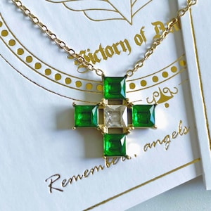 Green Gem Cross Necklace | Gold Stainless Steel Emerald Pendant | Vintage-Inspired Jewelry | Waterproof & Tarnish-Resistant