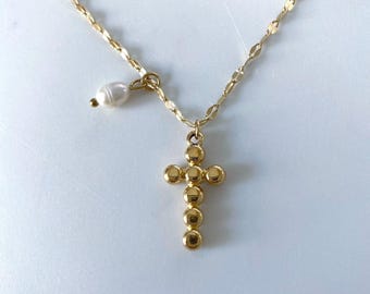 Stainless Steel Pearl Cross Necklace | Gold Plated Beaded Cross Pendant | Dainty Freshwater Pearl Charm Necklace | Gift for Her