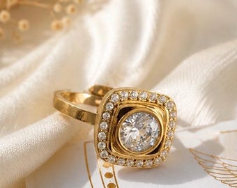 Luxury Statement Cocktail Ring | Square Zircon Gold stainless steel Ring | Elegant Party Jewelry Gift
