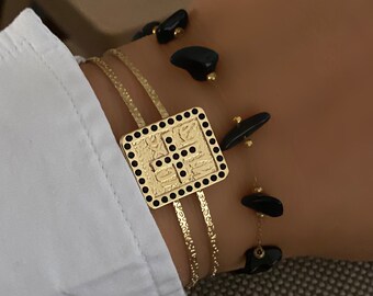 Brazalete con cruz de oro vintage ICXN • Brazalete con cruz de oro vintage de acero inoxidable • Brazalete con cruz de acero inoxidable antideslustre