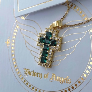 Emerald luxury  gold statement cross necklace | stainless steel gold emerald cross necklace| gift for her