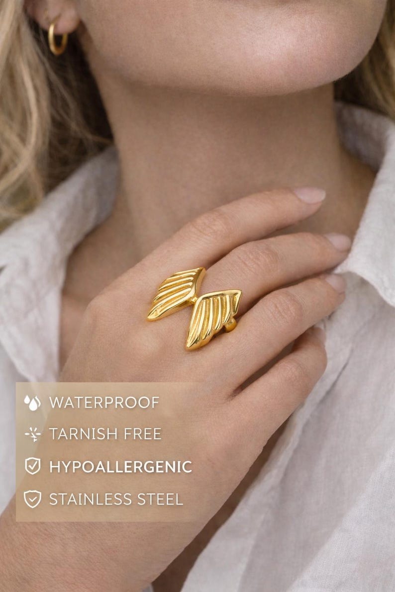 Anillo de alas de ángel dorado o plateado / Anillo de ángel llamativo / Anillo de alas de ángel ajustable / Joyería de ángel de la guarda / Acero inoxidable resistente al agua imagen 17