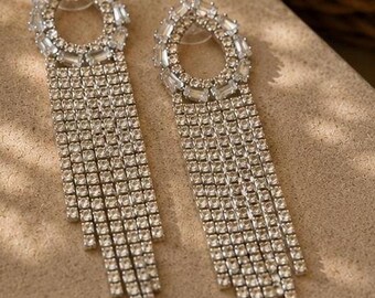 Pendientes de plata con flecos de diamantes de imitación / Pendientes llamativos de cristal / Pendientes de borlas para novias / Pendientes largos colgantes / Pendientes de boda /