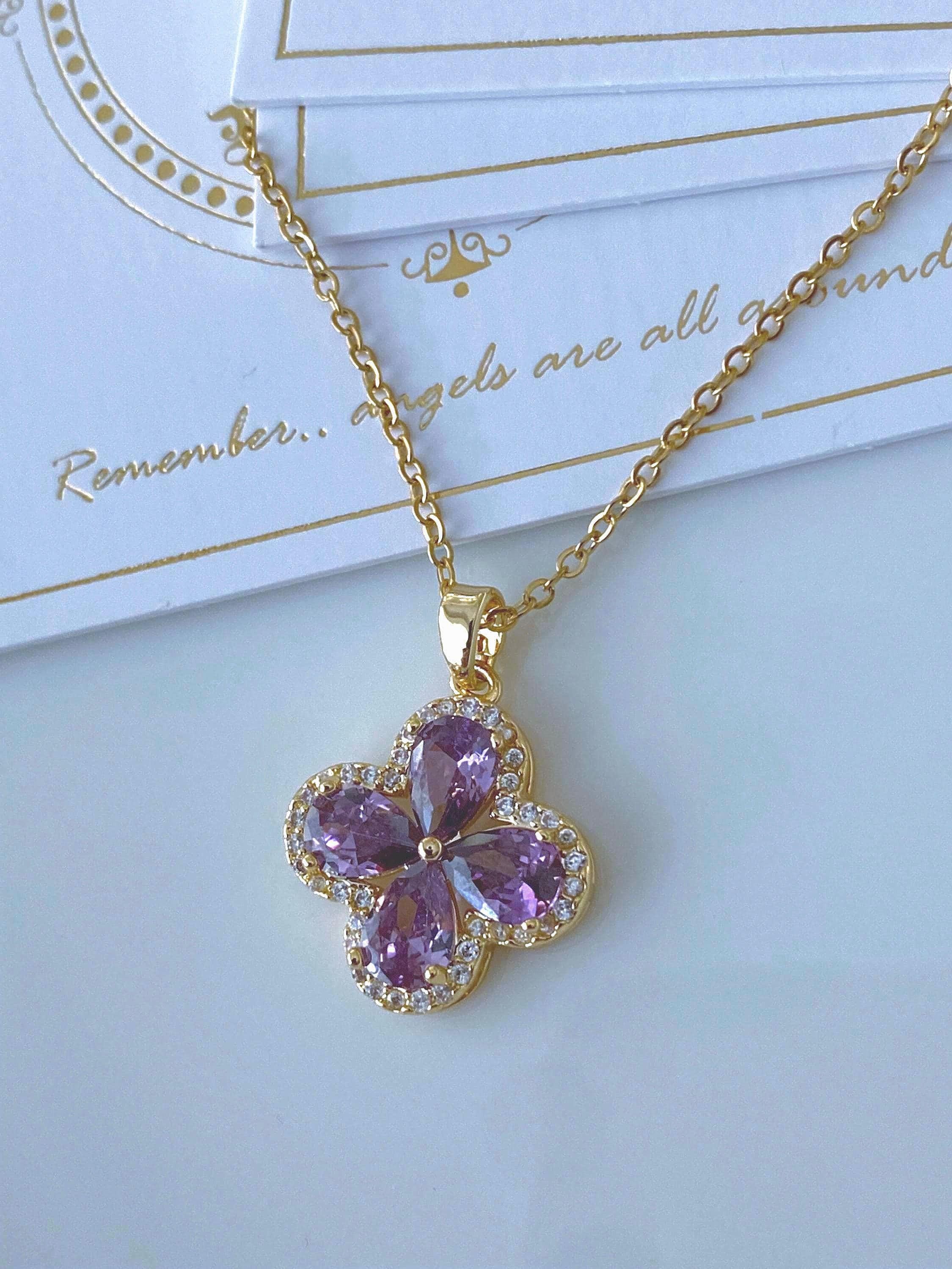 Purple Gem Flower Cross Necklace | 18K Gold Plated Stainless Steel