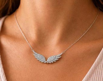 Silberne Engelsflügel-Halskette | Kristallflügel-Halskette | Engelschmuck für Damen | Geschenk zum Schutzengel | Funkelnder Flügelanhänger