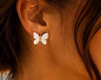 Butterfly Stud Earrings | White Enamel Butterfly Earrings | Gold Stainless Steel Studs | Minimalist Butterfly Jewelry | Waterproof Gift for
