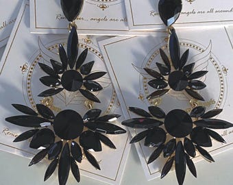 Diamante black crystal  flower long party Earrings•black long dangle Earrings Dangle•Rhinestone Stud Earrings•christmas earrings