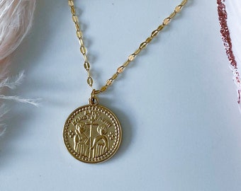 Collar Konstantinato de acero inoxidable dorado / Medalla ICXC NIKA / Colgante cristiano impermeable / Regalo de fe