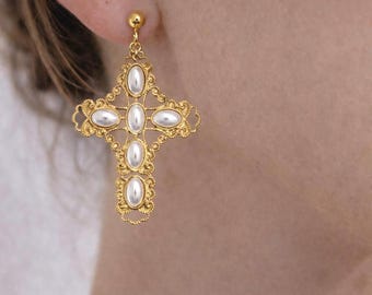 Gold Cross Drop Earrings | Pearl Cross Earrings | Vintage Baroque Earrings | Statement Religious Jewelry | Elegant Gift for Her