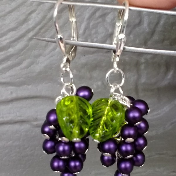 Dark purple grape cluster leverback sterling silver