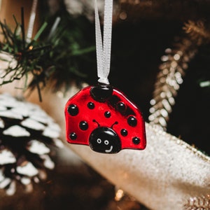 Peut inclure: Ornement de Noël en verre rouge en forme de coccinelle avec des points noirs et un visage souriant. L'ornement est suspendu à un ruban blanc.
