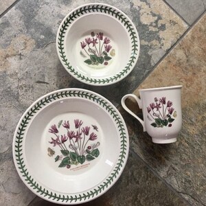 May include: A set of white ceramic dinnerware with a green border and floral pattern. The set includes a large dinner plate, a smaller bowl, and a mug. The floral pattern features pink cyclamen flowers and green leaves.