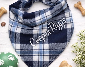 Personalized Blue Plaid Dog Bandana | Custom Embroidered Dog Bandana | Blue Check Dog Bandana | Name Dog Bandana | Classic Pet Accessory