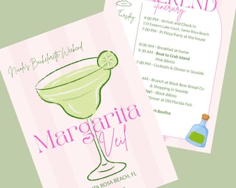 May include: Two pink and white striped cards with a margarita illustration and text. One card reads "Nicole's Bachelorette Weekend" and "Margarita Veil". The other card says "Weekend Itinerary" with event details.