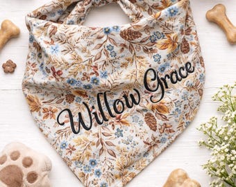 Personalized Fall Floral Dog Bandana | Custom Embroidered Autumn Pet Accessory