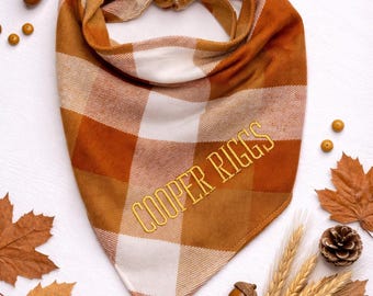 Geborduurde flanellen hondenbandana herfst | Oranje geruite herfstaccessoire