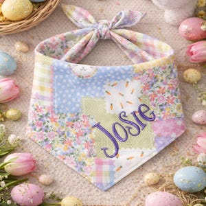 Personalized Easter Dog Bandana | Patchwork Floral Dog Bandana | Bunny & Carrot Dog Bandana | Custom Embroidered Dog Bandana | Spring Pet