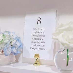 Peut inclure: Mise en place pour un mariage avec des compositions florales et des cartons de table. Un vase d'hortensias bleus et blancs et un vase avec des roses blanches sont sur une étagère blanche. Un carton de table avec le numéro 8 et les noms des invités est affiché.