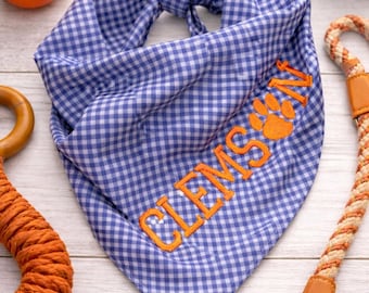 Purple Gingham Dog Bandana | Personalized Dog Bandana | Custom Embroidered Name | College Color Pet Accessory
