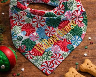 Personalized Peppermint Christmas Dog Bandana | Embroidered Holiday Pet Accessory