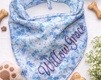 Personalized Blue Floral Dog Bandana | Custom Embroidered Name Pet Accessory