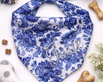 Blue Floral Dog Bandana | Personalized Embroidered Chinoiserie Accessory