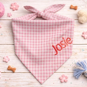Pink Gingham Dog Bandana | Personalized Dog Bandana | Custom Name Embroidered | Classic Check Pet Bandana | Everyday Dog Accessory