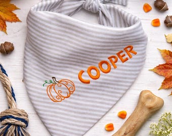 Personalized Fall Dog Bandana | Pumpkin Dog Bandana | Custom Embroidered Dog Bandana | Neutral Stripe Dog Bandana | Autumn Pet Accessory