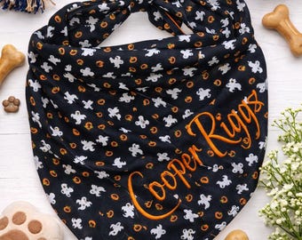 Bandana personnalisé pour chien d'Halloween | Bandana pour chien fantôme et citrouille | Bandana brodé pour chien personnalisé | Bandana pour chien effrayant | Accessoire d'automne pour animal de compagnie
