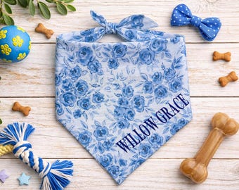 Blue Floral Personalized Dog Bandana | Embroidered Chinoiserie Pet Accessory