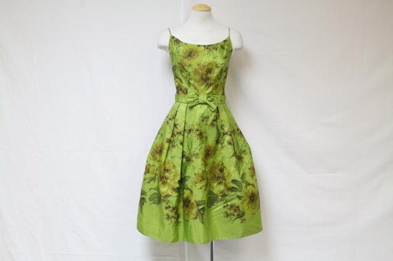 Vintage 1960s Lime Green Floral Party Dress - image 1