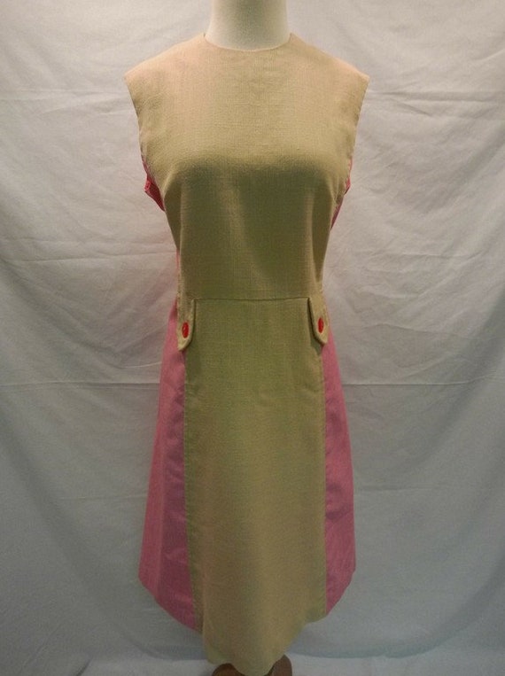 1960's Ladies Vintage Pink & Beige Cotton Sheath D