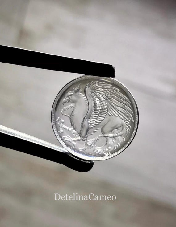 Hand engraved rock crystal reverse intaglio Griffin, Gemstone, Gem carving, Ring intaglio, Made to order