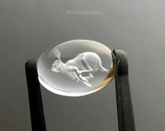 Hand engraved rock crystal intaglio Running Hare, Animal jewelry, Gemcarving, Gemstone carving, Birthday gift, Kids gift, MADE BY ORDER