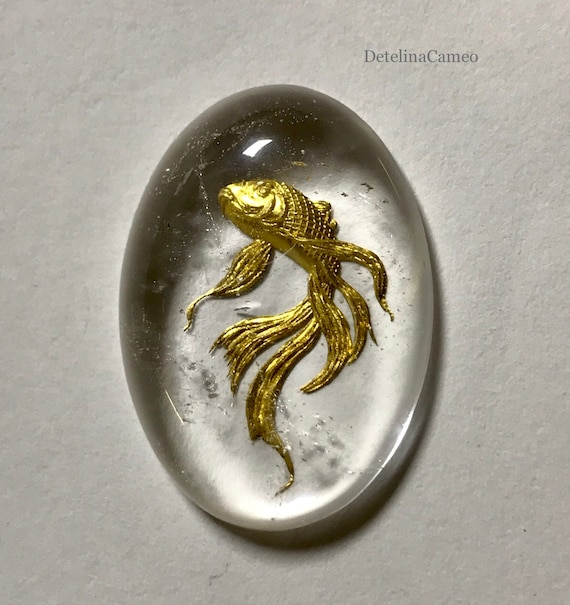 Hand engraved rock crystal intaglio Goldfish, Amulet jewelry, Gemcarving, Gemstone carving, MADE TO ORDER