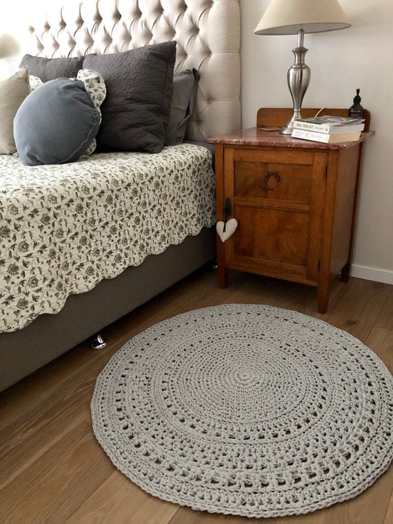 Round Crochet Doily Floor Rug Beige Grey T Shirt Yarn Etsy