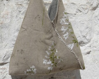 Crossbody linen Boho Bag, neutral fabric and white floral print, Shoulder Origami Bag