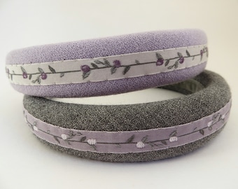 Wool crepe lilac grey Alice band, liberty flower ribbon, padded headband
