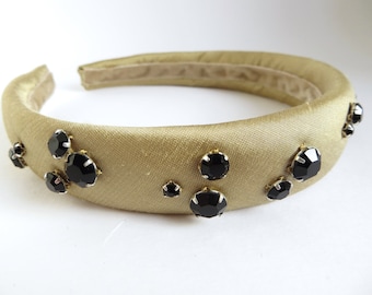 Golden silk headband, black rhinestones, Luxury accessory, Party Alice band