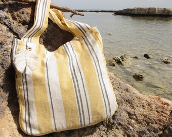 Striped tote bag, yellow cotton summer beach bag, boho shopping bag